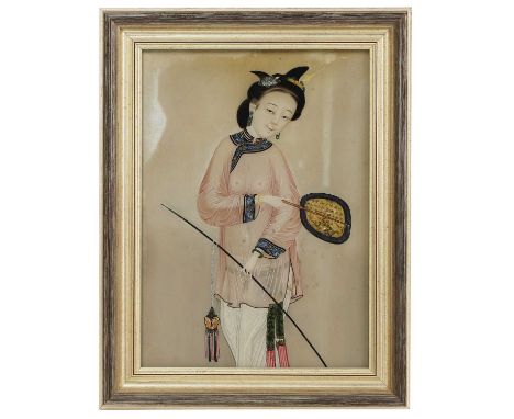 A Chinese erotic reverse glass painting, late Qing dynasty, of a lady in pink, holding a fan in her right hand, 39.5 x 28cm, 