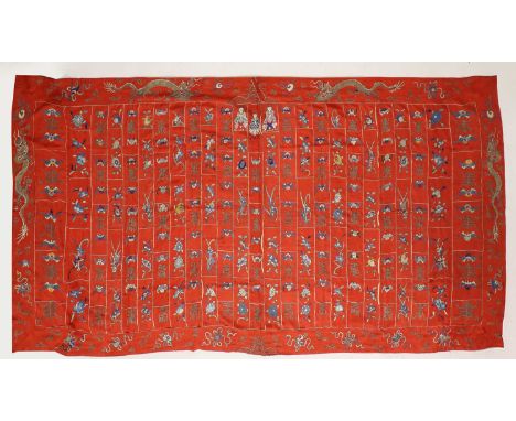 A Chinese embroidered panel, late Qing dynasty, decorated with three Buddhist figures seated on lotus flowers, amongst shou c