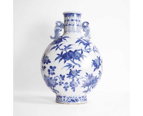 A Chinese blue and white moon flask, Guangxu (1875-1908), the compressed circular body rising from an oval foot to a cylindri