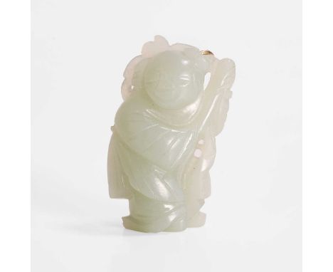 A Chinese jade carving, late Qing dynasty, of a boy carrying a lotus flower on his shoulder,5cm high清晚期 玉雕童子吊坠Condition Repor