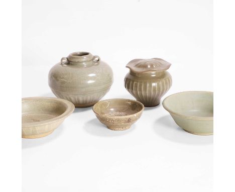 A collection of Chinese Longquan celadon ware, Song to Yuan dynasties, comprising:a jar, of ovoid form with two loop handles,
