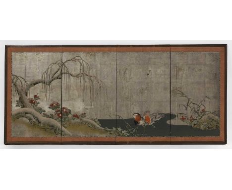 A Japanese four-fold byōbu screen, 20th century, with mandarin ducks under a tree in the snow, against a silver-coloured grou