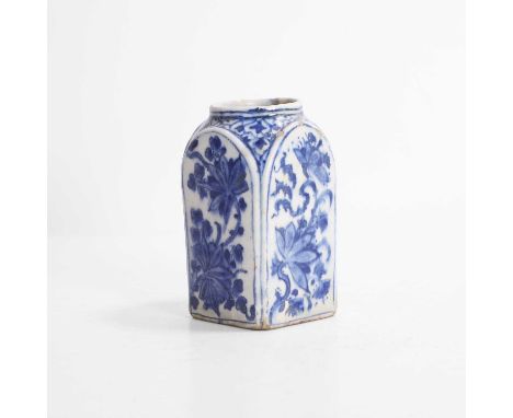 A porcelain blue and white vase, 17th century, possibly Persian, of square form, with four arched panels of underglaze blue, 