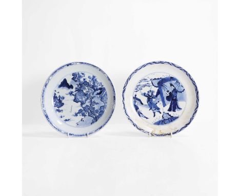 Two Chinese blue and white plates, Kangxi (1662-1722), comprising:one circular, painted with a landscape, with a six-characte