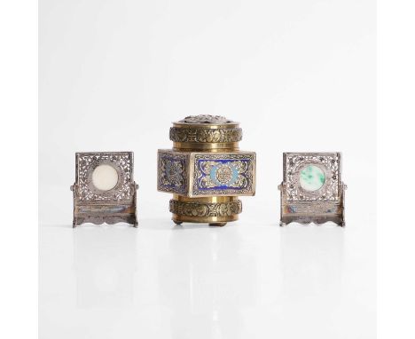 A pair of Chinese silver miniature table screens, 19th/20th century, each decorated with blossoming prunus, stamp marked 'LW'