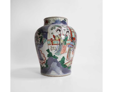 A Chinese wucai jar, Kangxi (1662-1722), of baluster form, painted with figures in a garden,31cm highCondition ReportFully re