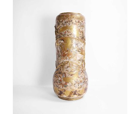 A Japanese Satsuma ware vase, Meiji period (1868-1912), painted with figures in shaped panels bordered by bamboo in relief, s