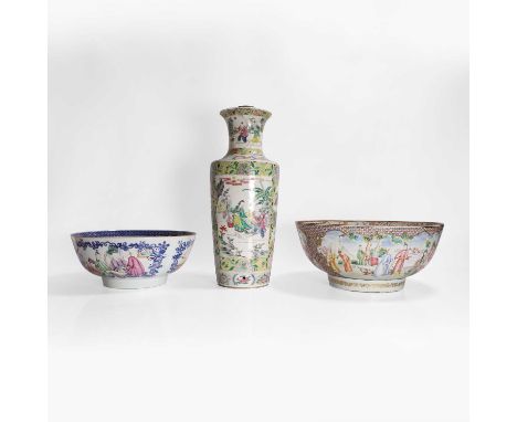 A collection of Chinese famille rose, 18th century, comprising:a rouleau vase, painted with literati drinking or picking chry