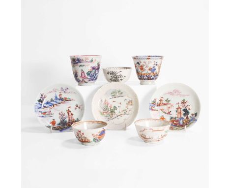 A collection of Chinese export cups and saucers, 18th century, comprising five cups and three saucers, decorated with figures