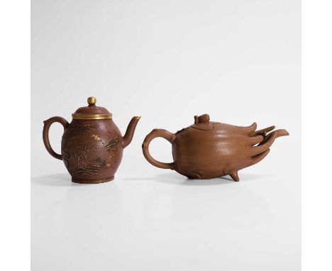 Two Chinese zisha stoneware teapots, 19th/20th century, comprising:one in the form of a finger citron, with a four-character 
