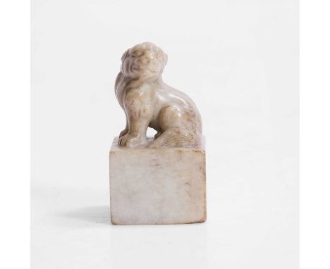 A Chinese soapstone seal, Republic period (1912-1949), the finial in the shape of a Buddhist lion, carved 'Chang Chun Ju Shi'