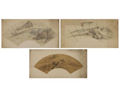 Three Chinese fan paintings, 19th century, each painted with a landscape, ink and colour on paper, including:one signed Xi Fa