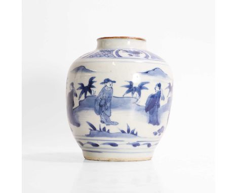 A Chinese blue and white jar, late Ming dynasty, of ovoid form, painted with figures in a garden,17.5cm highProvenance: From 