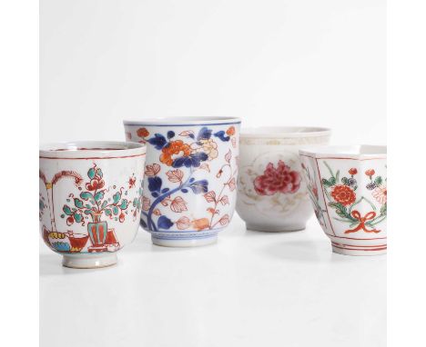 A collection of Chinese export cups, 18th century, comprising a wucai, a Chinese Imari, and a famille rose example, painted w