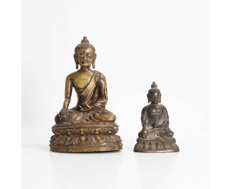 A Tibetan bronze figure of Bhaisajyaguru, the Medicine Buddha, 18th century, seated in Varada mudra on a double-lotus base, t