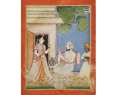 An Indian painting of a maharaja and a lady, late 19th/early 20th century, Rajasthan, the maharaja painted seated and smoking