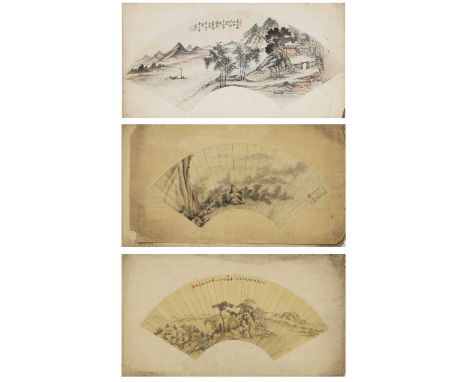 Three Chinese fan paintings, 19th/20th century, each painted with a landscape, inscribed, ink and colour on paper,approximate