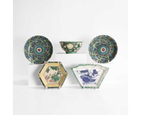 A collection of Chinese famille verte, Kangxi (1662-1722), comprising:a bowl, and two shaped dishes, painted with figures, pr