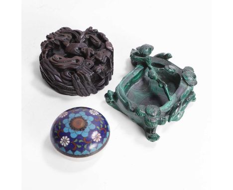 A Chinese malachite brush washer, 20th century, carved with a bird perched on a pine branch, 13cm long, a wood box and cover,
