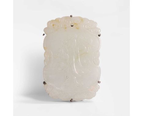 A Chinese jade plaque, late Qing dynasty, carved with Magu carrying a fruiting peach branch on her shoulder between cloud bor