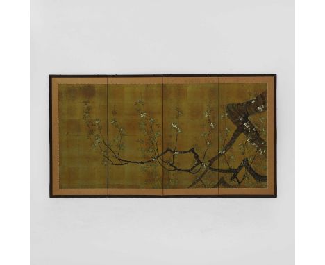 A Japanese four-fold byōbu screen, 20th century, depicting a blossoming tree against a gilt-coloured ground, each fold 38 x 7