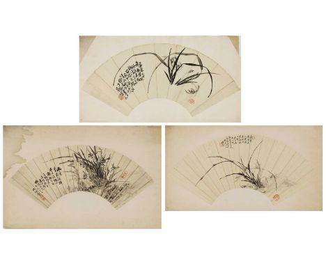 Three Chinese fan paintings, 19th century, each painted with orchids, inscribed, ink on paper,approximately 53 cm long (3)Pro