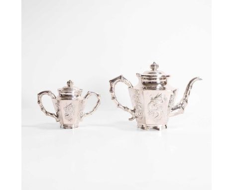 A Chinese export silver teapot and sugar bowl,  late Qing dynasty, of hexagonal form, decorated with a dragon in relief betwe