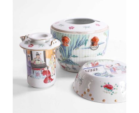 A Chinese famille rose wine pot warmer, Guangxu (1875-1908), of ribbed tapering form with four looped handles, painted with f