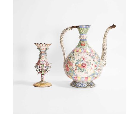 A Chinese export painted enamel ewer, 18th century, the compressed pear-shaped body painted with butterflies amongst flowers,