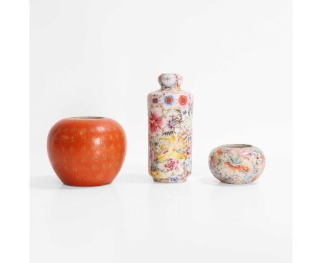 A collection of Chinese water pots, Republic period, comprising:comprising: a famille rose vase and a water pot, painted with