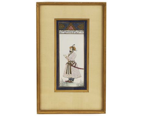 An Indian portrait miniature on ivory,  late 19th/early 20th century, of a Mughal emperor, painted with his hands in front, i