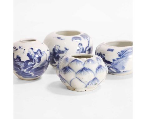 A collection of four Chinese blue and white water pots, Guangxu (1875-1908), three with ovoid form, painted with figures, and