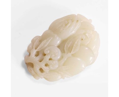 A Chinese jade pendant, carved with finger citrons, together with peaches, lingzhi, pomegranates and a bat, 6cm longCondition
