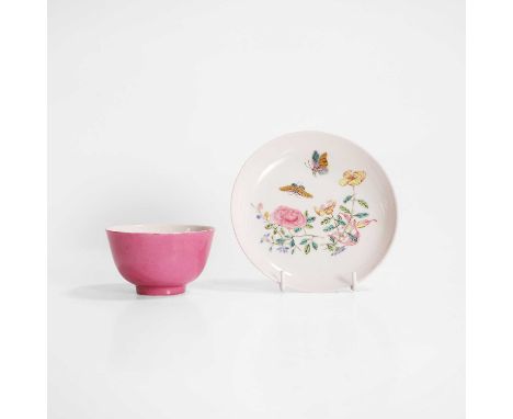 A Chinese famille rose cup and saucer, Yongzheng (1723-1735), painted with butterflies and peony, cup 8.3cm diametersaucer 13
