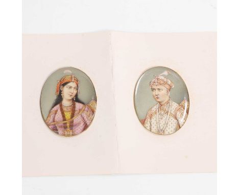 A pair of Indian painted miniatures on ivory,  19th century, possibly of Akbar Shah and his wife, Jodha Bai or Mariam-uz-Zama