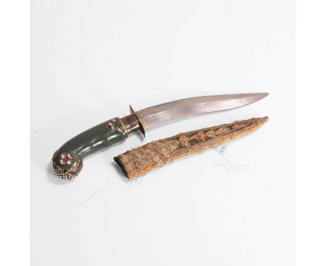 An Indian hardstone-hilted dagger, 19th century, the hilt inset with foliate clear and ruby-coloured glass, the scabbard embr