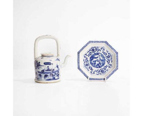 A Chinese blue and white teapot, Qing dynasty (1644-1911), of cylindrical form, painted with figures on a boat, the reverse i