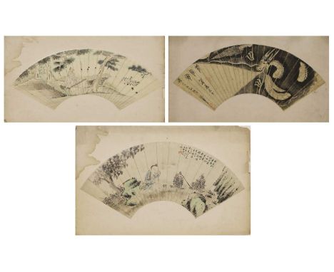 Three Chinese fan paintings, 19th/20th century, inscribed, ink and colour on paper, including:two painted with a literatus, 5