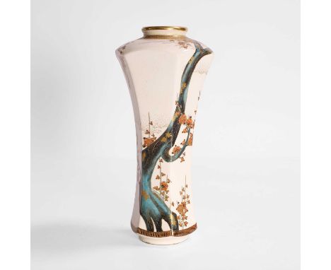 A Japanese Satsuma ware vase, Meiji period (1868-1912), of hexagonal form, painted with a blossoming prunus tree, signed Kink