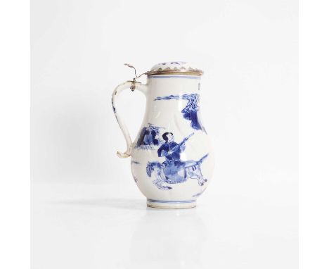 A Chinese blue and white tankard and cover, Kangxi (1662-1722), of wrythen-fluted baluster form, painted with ladies on horse