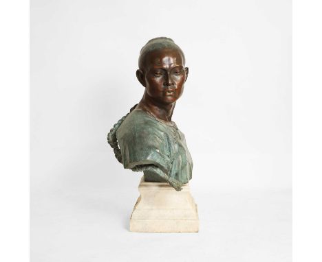A bronze bust of a Chinese man, after Jean-Baptiste Carpeaux (1827-1875), with the signature of 'J C Carpeaux, Paris', on a w