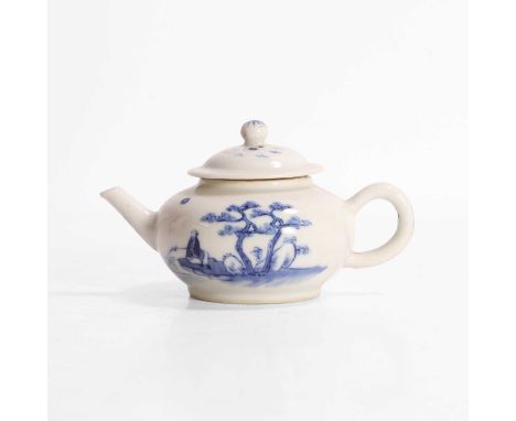 A Chinese blue and white teapot, Qing dynasty (1644-1911), the compressed globular body painted with a literatus fishing by a