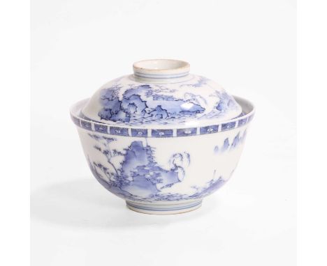 A Japanese blue and white bowl and cover, Edo period (1603-1868), the rounded sides rising from a circular foot, painted with