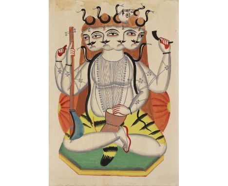 Kalighat School, late 19th/early 20th century, Indian, West Bengal, the five-headed Shiva, with snakes wrapped round his head