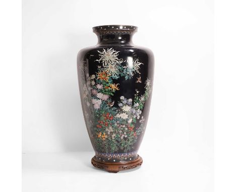 A Japanese cloisonné vase, Meiji period (1868-1912), of hexagonal form, decorated with birds amongst chrysanthemums and other