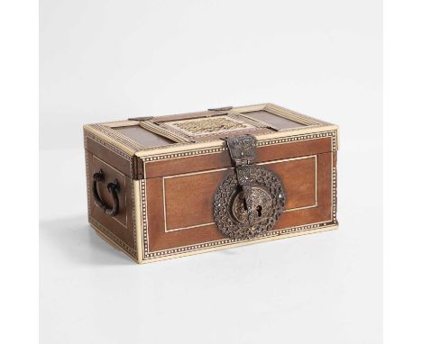 An Indian silver-mounted and ivory-inlaid box,  18th century, the silver mounts engraved with foliage, the cover with two gla