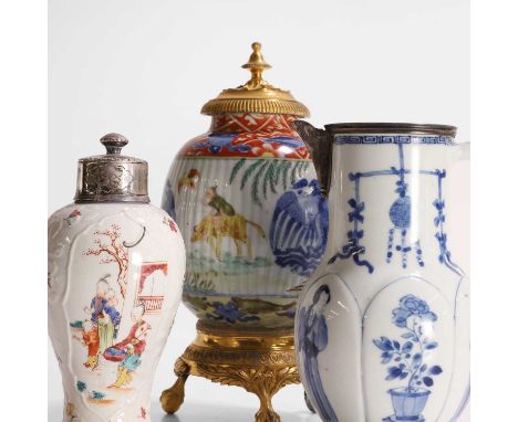 A Chinese blue and white jar, Kangxi (1662-1722), the ribbed body painted with crane roundels, later Dutch-decorated with fig