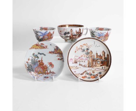 A collection of Chinese export cups and saucers, 18th century, comprising three cups and two saucers, painted with landscapes