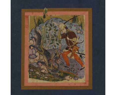 A Persian illustration from the 'Shahnameh', 17th/18th century, of Rostam slaying the dragon, dressed in a tiger-skin coat an