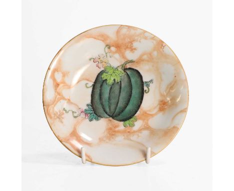 A Chinese faux-marble enamelled porcelain saucer, Qianlong (1736-1795), of circular form, painted with swirling washes of sep